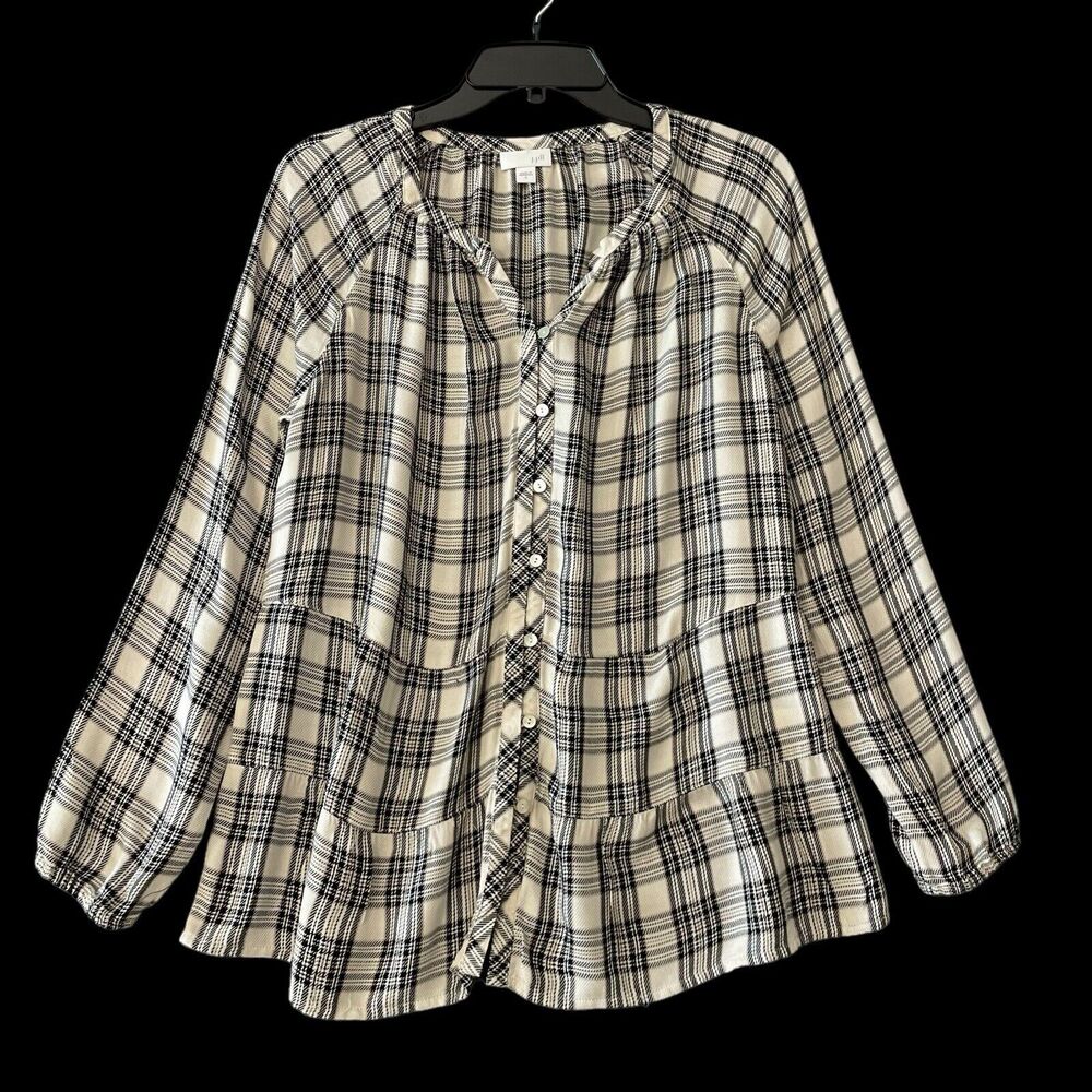 J.Jill Women Plaid Button Front Relaxed Fit Long Sleeve Tiered Peplum Top SZ/ S